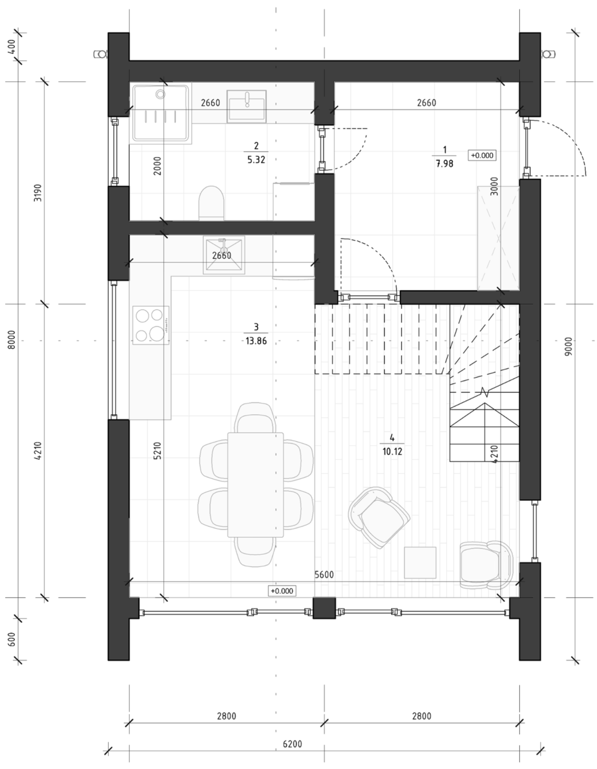 Rzut parteru domu Barn One — wymiary i układ pomieszczeń z dokumentacji projektowej